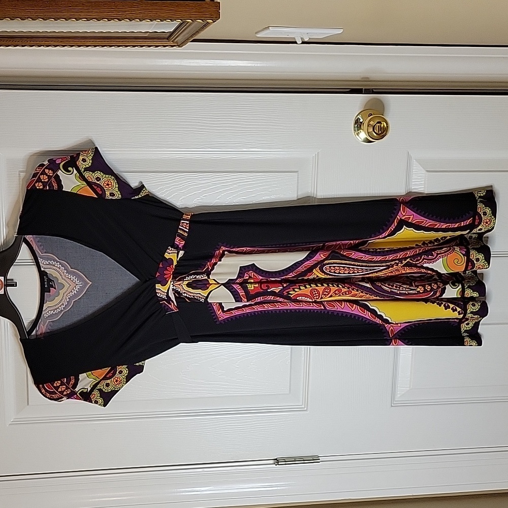 Snap Dress Small V-Neck Paisley Tie Back Black Orange Red Pink Yellow